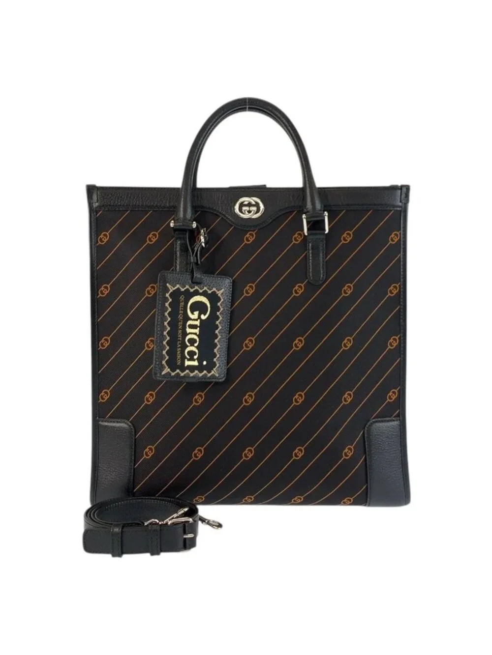 Gucci Interlocking Black Canvas Leather Business Tote Shoulder Bag 2-Way